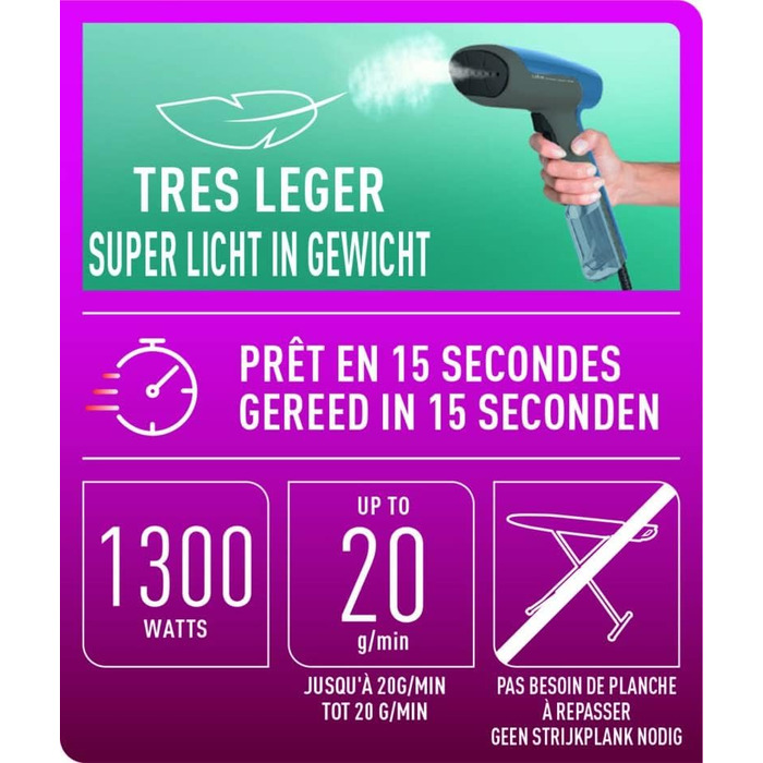 Відпарювач для одягу Calor Access Steam First DT6150C0: Швидкий нагрів, 1300 Вт, 20 г/хв, 70 мл, для дому