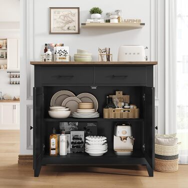 Кухонна шафа HOCSOK з робочою поверхнею, буфет з 2 шухлядами та 2 дверцятами, для кухні, вітальні, їдальні, передпокою, дерево, стиль кантрі, білий (чорний)