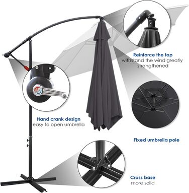 Садова парасолька від сонця Alu Ampelschirm з ручкою-курбою, Ø300 см, сіра, з UV-захистом та водовідштовхувальним покриттям