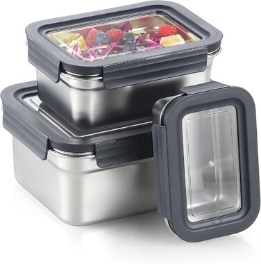 Набори контейнерів для їжі Misichao з нержавіючої сталі, герметичні, для кухні та комори, з можливістю штабелювання, багаторазові, об'єм 450 мл + 1100 мл + 2500 мл