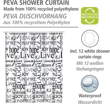 Шторка з переробленої пластикової плівки (PEVA), для душу та ванни, водонепроникна, 180 х 200 см, в т.ч. 12 кілець для фіранок для душу