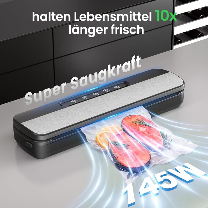 Вакууматор Raycial 7 в 1, вакуумний пакувальник для продуктів 145 Вт, пристрій для запаювання пакетів з набором мішків та шлангом, чорно-сріблястий