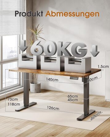 Регульований стіл 120x60 см з підставкою для монітора, електричний, ергономічний, стоячи/сидячи, (Вінтажний коричневий)