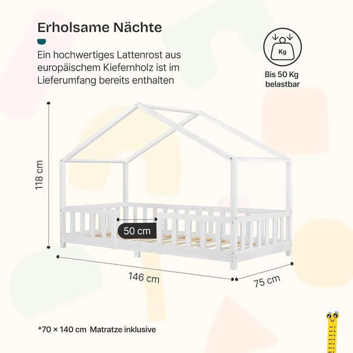 Дитяче ліжко en.casa Treviolo з матрацом 70x140 см, будиночок, дерево, Montessori, з бар'єром, ламелі, сосна, білий