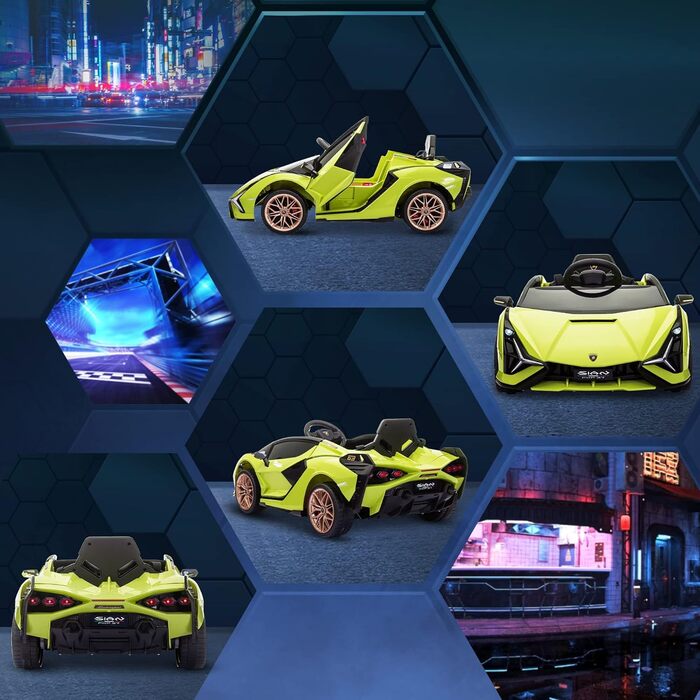Електромобіль для дітей Lamborghini SIAN 12V, з пультом, музика, світло, металевий, зелений, 108x62x40 см, 37-60 місяців, HOMCOM