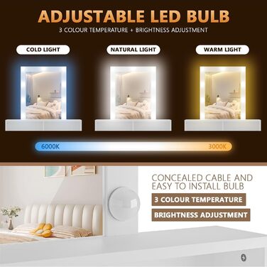 Трюмо JUMMICO з LED-підсвічуванням та дзеркалом, регульована яскравість та колірна температура, косметичний столик з 9 LED-лампочками, білий