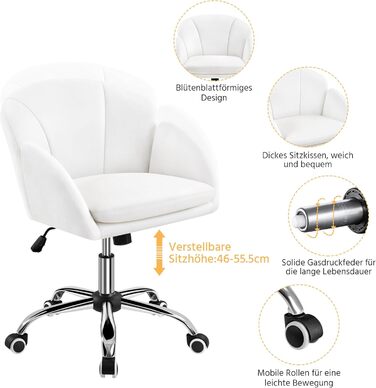 Крісло Yaheetech для дому та офісу: крісло для макіяжу, крісло для робочого столу, регульоване по висоті, поворотне, до 136 кг, з підлокітниками та спинкою, для спальні, офісу, вітальні, біле, велюрове