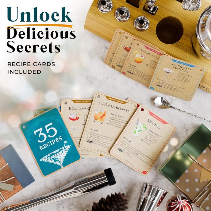 Набір для приготування коктейлів BARE BARREL® Mixology Barkeeper Kit: 14 предметів, 35 рецептів, професійний барний інвентар для дому