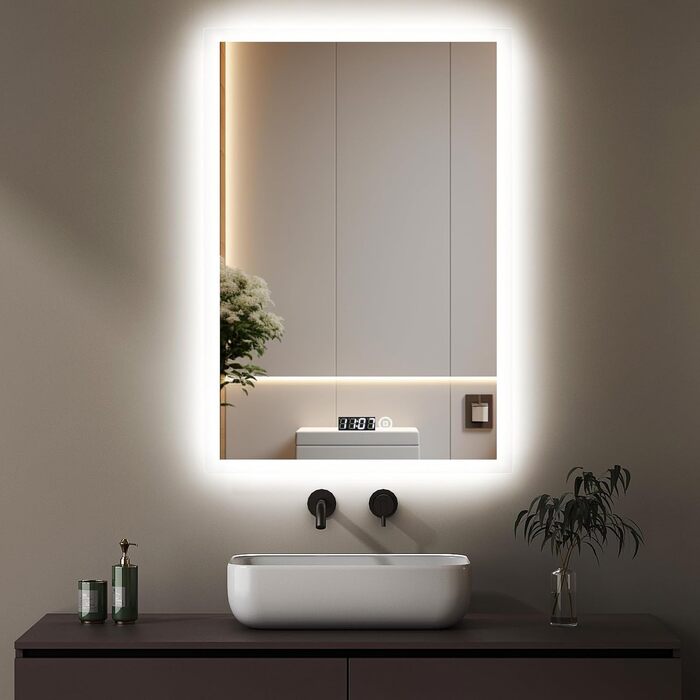 Дзеркало для ванної кімнати з підсвічуванням та годинником 50x70 см. LED дзеркало з сенсорним керуванням, 3 кольори світла, регулювання яскравості, 2470LM, стиль JB