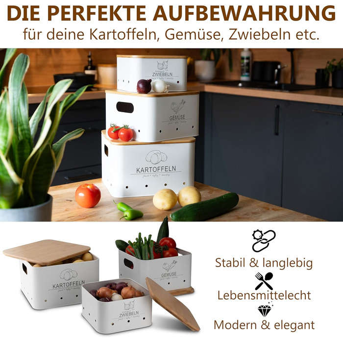 Коробки для зберігання картоплі MNKsolution (3 шт) з кришкою - для картоплі, овочів, цибулі, часнику - органайзер для кухні, контейнери для продуктів (білий)