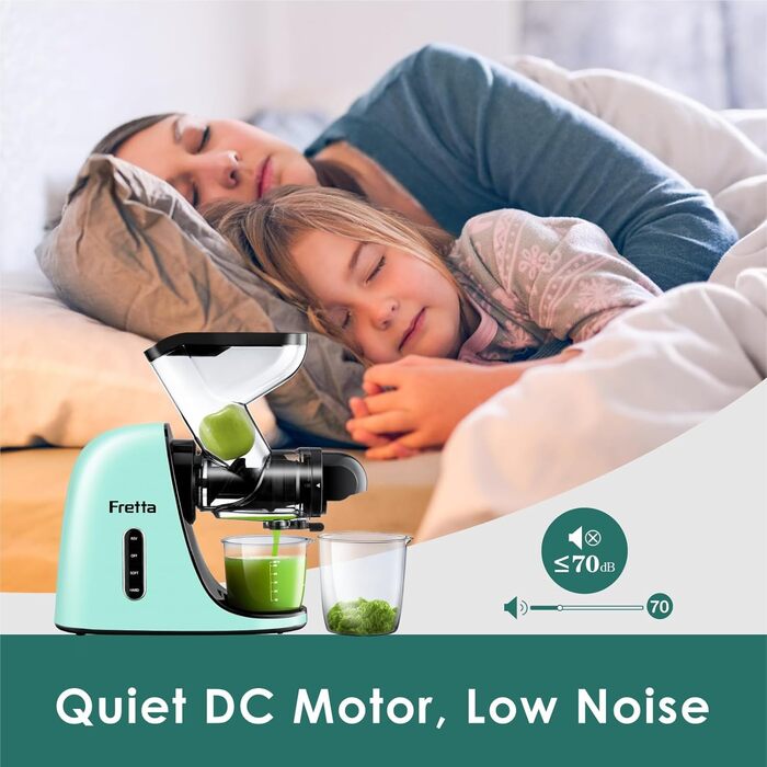 Фрета Slow Masticating Juicer - повільний шнековий соковитискач, блакитний. Повільний соковитискач з широким завантажувальним отвором, авто-зворотним механізмом, високою екстракцією поживних речовин та тихим мотором, без BPA.