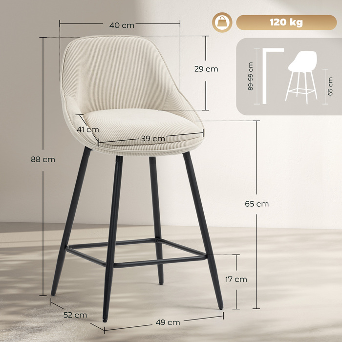 Набір з 2 барних стільців з велюровою оббивкою та сталевими ніжками, м'які стільці для кухонного острова, їдальні, кремовий колір