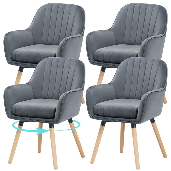 Крісла для обідньої зони Eluchang, 4 шт., поворотні на 360°, товста (10 см) оббивка, високі підлокітники, оксамит, до 150 кг, для кухні, спальні, вітальні (сірий)