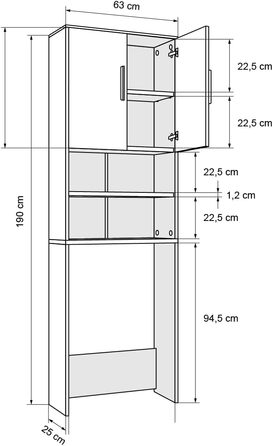 Німеччина Пральна машина Шафа, 2 двері, 2 відділення, 187,5x63 см, Ванна шафа для пральної машини (біла)