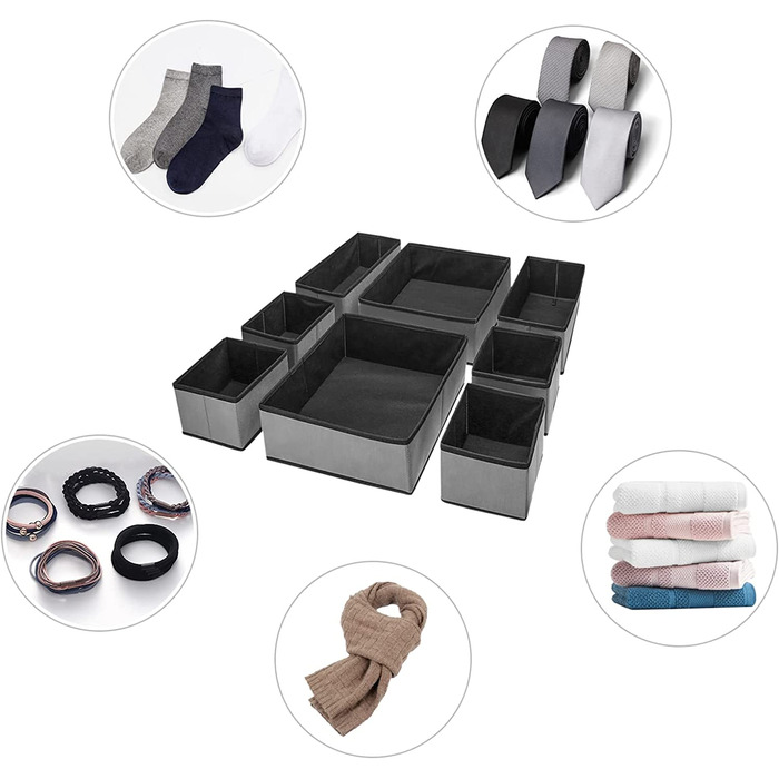 Набір Puricon з 8 предметів, ящик для зберігання, органайзер / система впорядкування ящиків для одягу, складні ящики для зберігання, набір ящиків для гардероба, спальні- (8 шт., сірий)