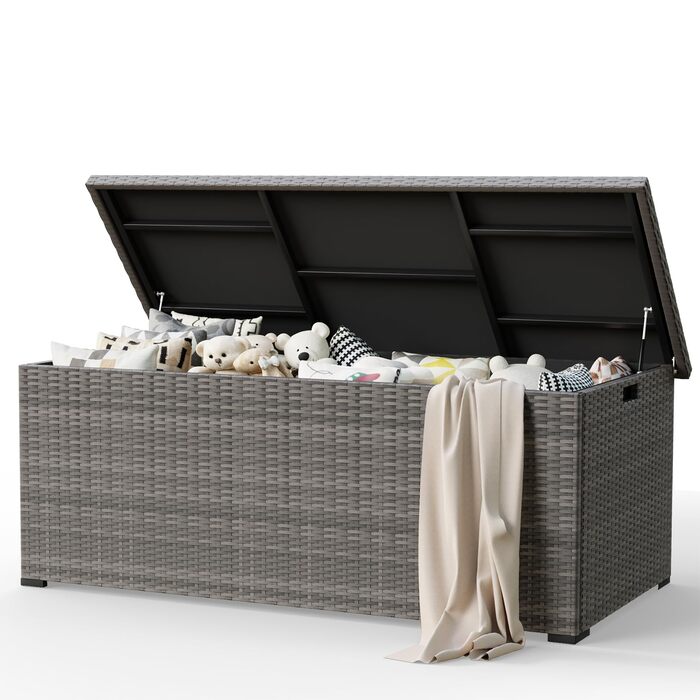 Водонепроникний садовий ящик Amopatio Gartenbox 650л з поліротангу для подушок, металевий ящик для зберігання з газліфтами для саду та балкону, сірий