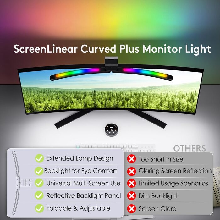 Quntis LED лампа для монітора 66 см з RGB підсвічуванням та пультом дистанційного керування, регульована, з автодиммуванням, захистом від синього світла, без мерехтіння, для геймінгу