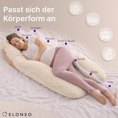 Подушка для вагітних ELONEO NEU для сну на боці, подушка для годування, XXL розмір, кремова, знімний чохол, подушка для читання, пральна