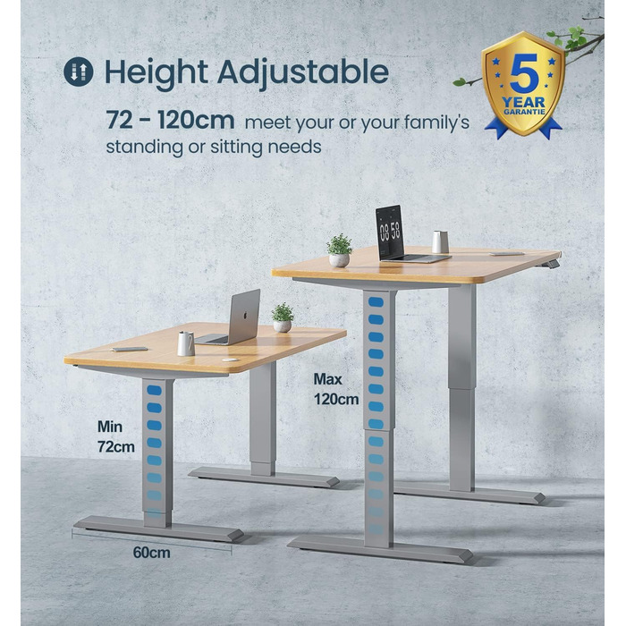 Регульований за висотою електричний стіл MAIDeSITe з 2 моторами, пам'ятью та захистом від зіткнень (72-120 см, сірий)