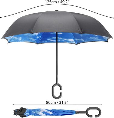 ТОВАРИГАДЖЕТИ Перевернута парасолька з блакитним небом і C-ручка для вільних рук Інвертна парасолька Розумна парасолька діаметром 105 см