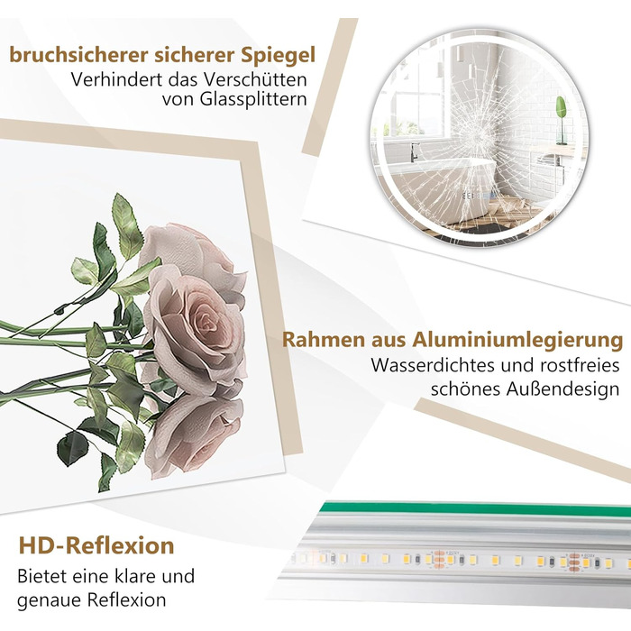 LED дзеркало для ванної кімнати Relax4Life з підсвічуванням, сенсорним вимикачем, протитуманним покриттям, регулюванням яскравості, 3 кольорами світла, індикатором часу та температури (60 x 60 см)