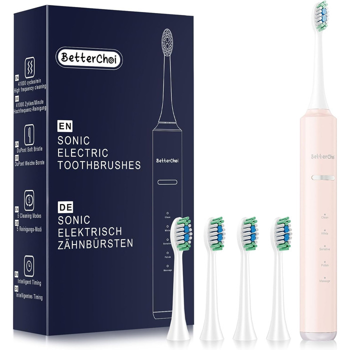 Електрична зубна щітка Betterchoi з магнітною левітацією, 41 000 VPM, 4 насадки, IPX7, 180 днів роботи від акумулятора, 5 режимів, таймер, рожева