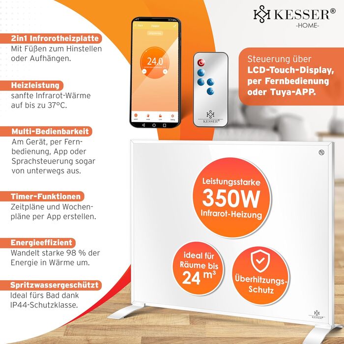 Інфрачервовий обігрівач KESSER® 350W: підлоговий/стінний, з пультом, термостатом та керуванням через додаток. Економія енергії, білий.