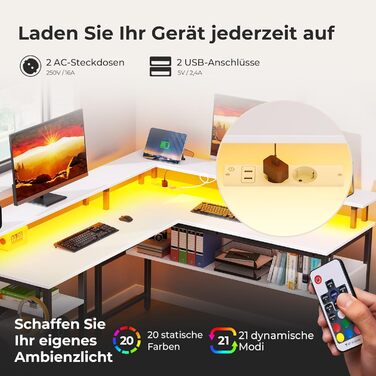 Ігровий стіл Rolanstar L-подібної форми з LED-підсвічуванням та розеткою, 137 x 108 см, комп'ютерний стіл з підставкою для монітора та місцем для зберігання, реверсивний кутовий стіл для офісу, домашнього офісу (Білий)