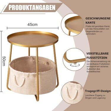 Журнальний столик Danpinera Gold, круглий металевий стіл з тканинним кошиком для зберігання для дитячої кімнати, вітальні