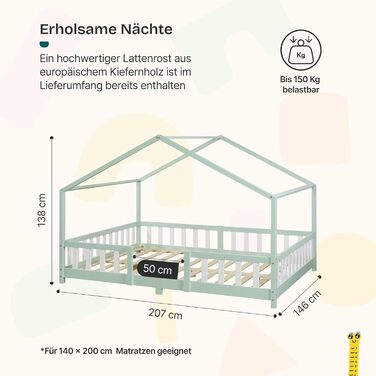 Дерев'яне ліжко для дітей Treviolo з захистом від падіння, Montessori, 140x200 см, сосна, колір дерева (м'ятний/білий)