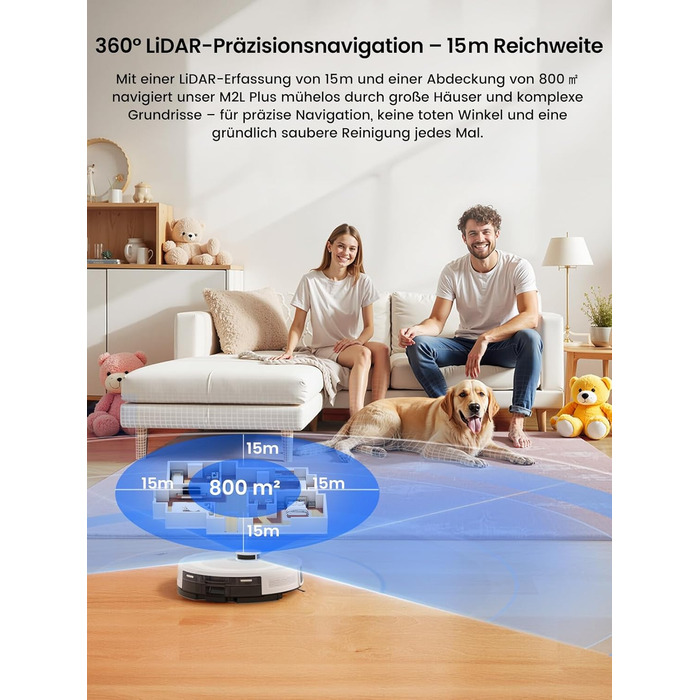Робот-пилосос LEFANT M2Plus з функцією миття підлоги, 6000Pa, LiDAR-навігація, самоочищення, для видалення шерсті тварин, білий (M2L Plus)