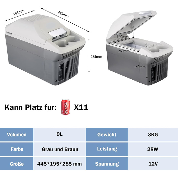 Автомобільний холодильник OKA хорошої якості 9 літрів з функцією збереження тепла, Електричний холодильний бокс 12 Вольт для кемпінгу, фестивалів, подорожей, Ремінь безпеки в автомобілі, Світло-сірий