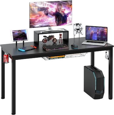 Ігровий стіл COSTWAY 140 см з полицею для монітора, великий ігровий стіл, стіл для ПК з підсклянником, гачок для навушників, кошик для зберігання, лоток для мультимедіа, регульовані накладки для ніг