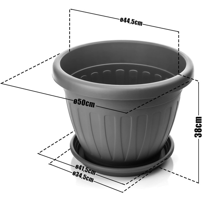 Плантатор BigDean 3X з підставкою, ø50xH38 см, антрацит - вологостійкий горщик для квітів - з водостоком, UV-стійкий, з міцного пластику - для внутрішнього та зовнішнього використання, Made in Europe