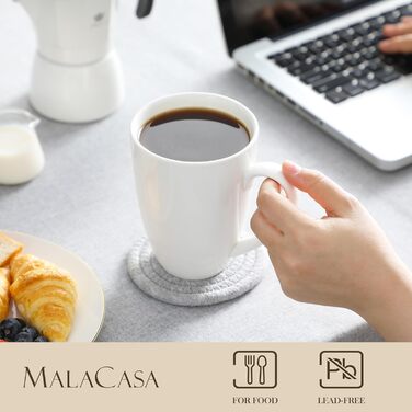 Набір кавових кухлів MALACASA з 4 шт. , порцеляновий набір кухлів 560 мл, великі сучасні керамічні чашки для чаю, соку, латте, капучино, какао. Можна мити в посудомийній машині та мікрохвильовій печі, серія REG (білий)