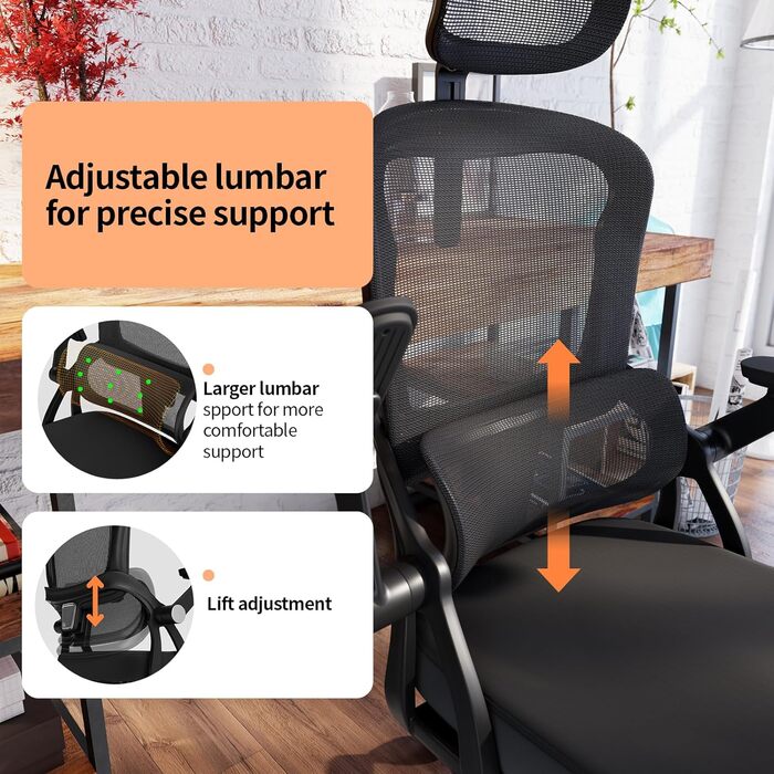 Офісний стіл-крісло Monhey з регулюванням висоти, поворотне з відкидними підлокітниками, дихаюча сітка, регульована підголовник та інтелектуальна підтримка попереку – для дому/офісу, чорний