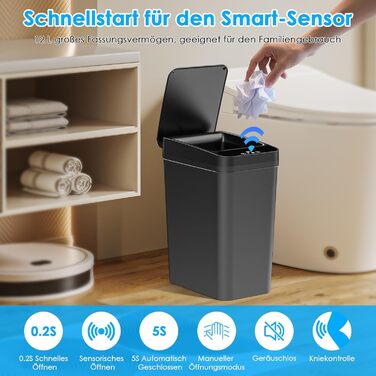 Набір з 2 відер для сміття Dreamhigh® з датчиком, 12 л, електричні, автоматичний кришка, розумні, 3 режими відкривання, тихі, водонепроникні для кухні, ванної кімнати, офісу, вітальні (Чорний + Білий)