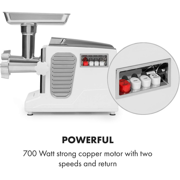 М'ясорубка Klarstein Kraftprotz, 700 Вт, блокуюча потужність 1800 Вт, мідний двигун, 2 швидкості, білий/сріблястий
