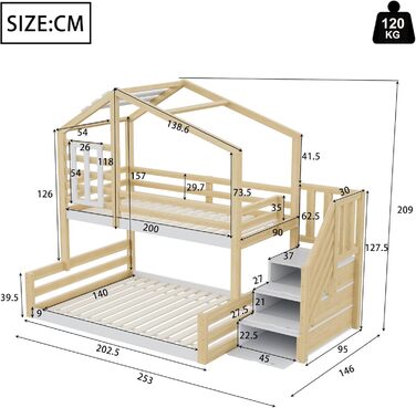 Двоярусне ліжко 90x200 та 140x200 см, дитяче ліжко-горище з місцем для зберігання, сходами та дахом, ліжко-будиночок з вікном, з ламелями та захистом від падіння, без матраца, натуральне дерево