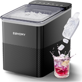 Машина для приготування льоду EUHOMY, компактний дизайн, однокнопкове керування, 9 кубиків льоду у 2 розмірах, автоматичне очищення, інтелектуальні сповіщення, прозорий кришка, чорний колір, для офісу/кухні/спальні, продуктивність 12 кг/24 год