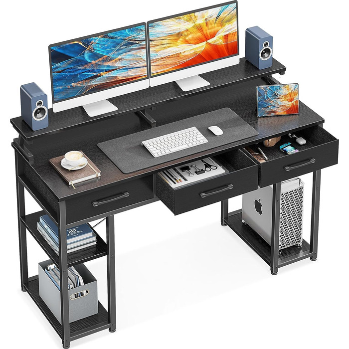Стіл ODK з шухлядами, стіл з полицею, комп'ютерний стіл з підставкою для монітора, офісний стіл для домашнього офісу, (120x50x90см, чорний)