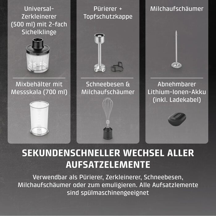 CASO Click & Mix: Бездротовий міксер з акумулятором для тіста, збитих вершків та соусів. 8 швидкостей (600-1200 об/хв)