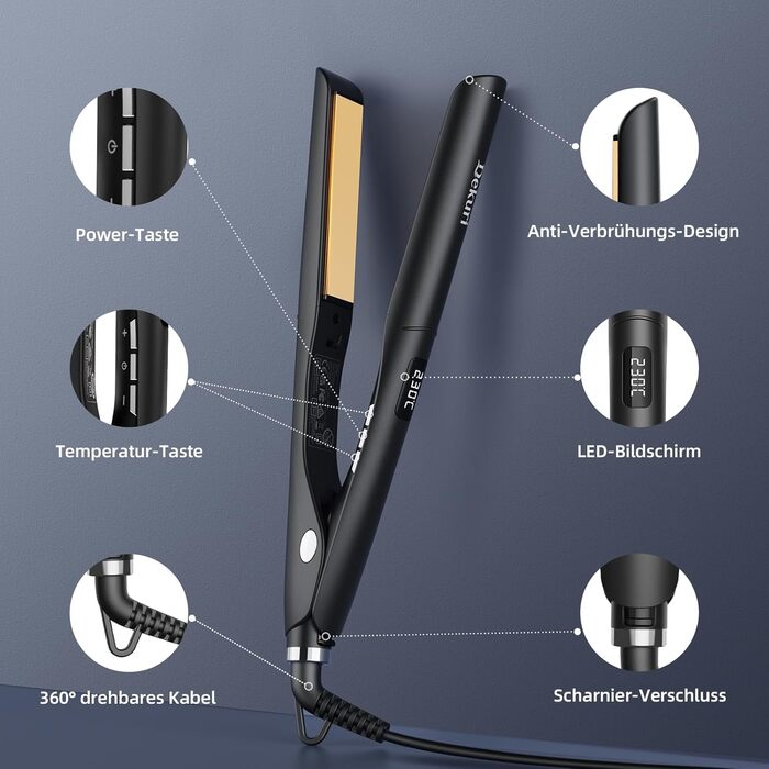 Випрямляч для волосся Dekuri 2-в-1 з насадкою для локонів, з титановою пластиною, швидкий нагрів 30с, LED дисплей 120-230°C, іонізація, для жінок, чорний