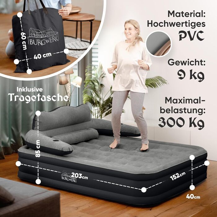 Надувне ліжко для 2 осіб [3-в-1 система] | Елегантне гостьове та кемпінгове ліжко | Надувна матрац з електропомпою 150x200 | Самостійно надувна повітряна матрац 2 особи Чорний/Антрацит