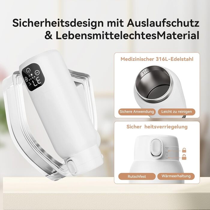 Портативний підігрівач для пляшечок з дитячим харчуванням, 500 мл – швидкий нагрів за 3 хв, тривалий час роботи акумулятора, підтримання температури до 24 год для грудного молока, суміші та води (Сніжно-білий)