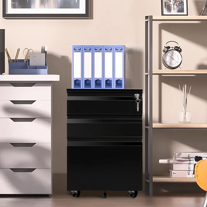 Роликовий контейнер DeHong з металу, мобільний офісний шафка з 3 висувними ящиками, офісний контейнер, з можливістю замка та регульованими паперовими відсіками, збірно-розбірний, для офісу, дому (J-чорний)