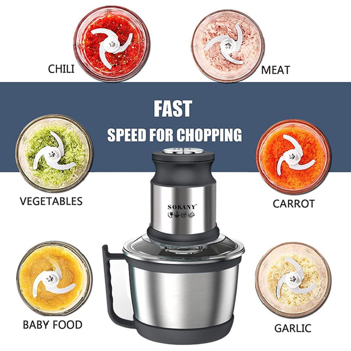 М'ясорубка-подрібнювач електричний SOKANY SK-7027 800W з чашею 3л з нержавіючої сталі, 2 швидкості, для м'яса, овочів, фруктів