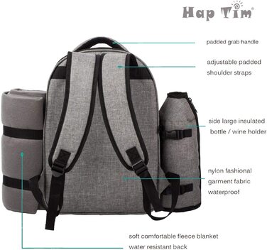 Рюкзак для пікніка Hap Tim на 4 особи з термокишенею, підставкою для пляшок/вина, флісовою ковдрою, тарілками та набором столових приборів. Ідеально для відпочинку на природі, спорту, походів, кемпінгу та грилів. (EU-3065, Сірий)