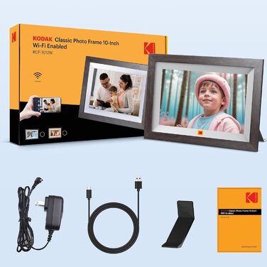 Цифровий фоторамка KODAK WiFi з сенсорним екраном IPS HD 10.1 дюйма, 32GB, автоматичне обертання, Wi-Fi, для стін, ділитися фотографіями звідусіль, темно-коричневий (білий каркас)