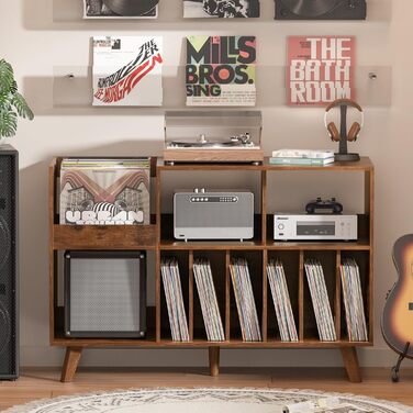 Стійка для платівок з полицями на 450 альбомів, коричнева. Підставка для вінілових платівок для музичної кімнати або вітальні